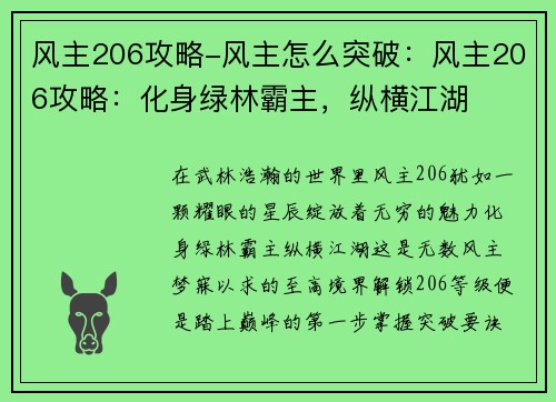 风主206攻略-风主怎么突破:风主206攻略:化身绿林霸主,纵横江湖
